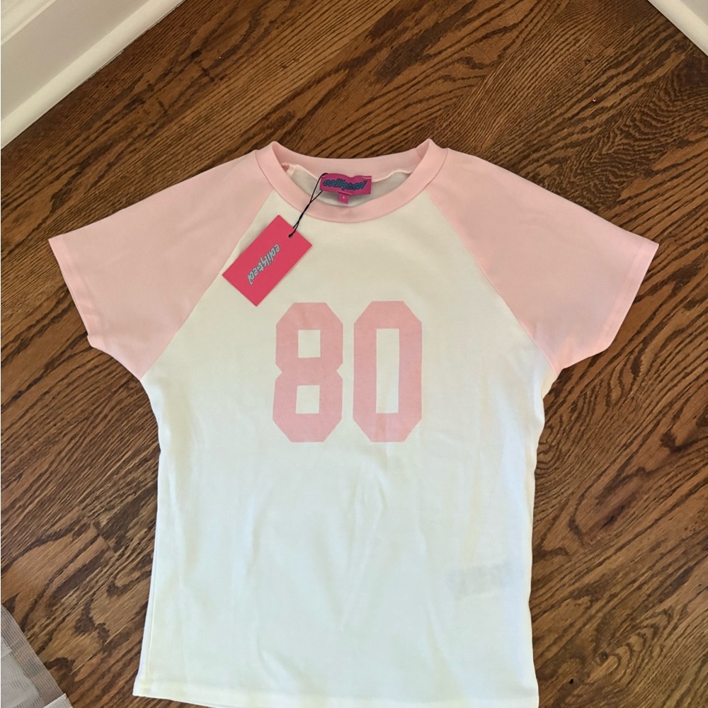 Edikted Pink and White Crop Top with Graphic